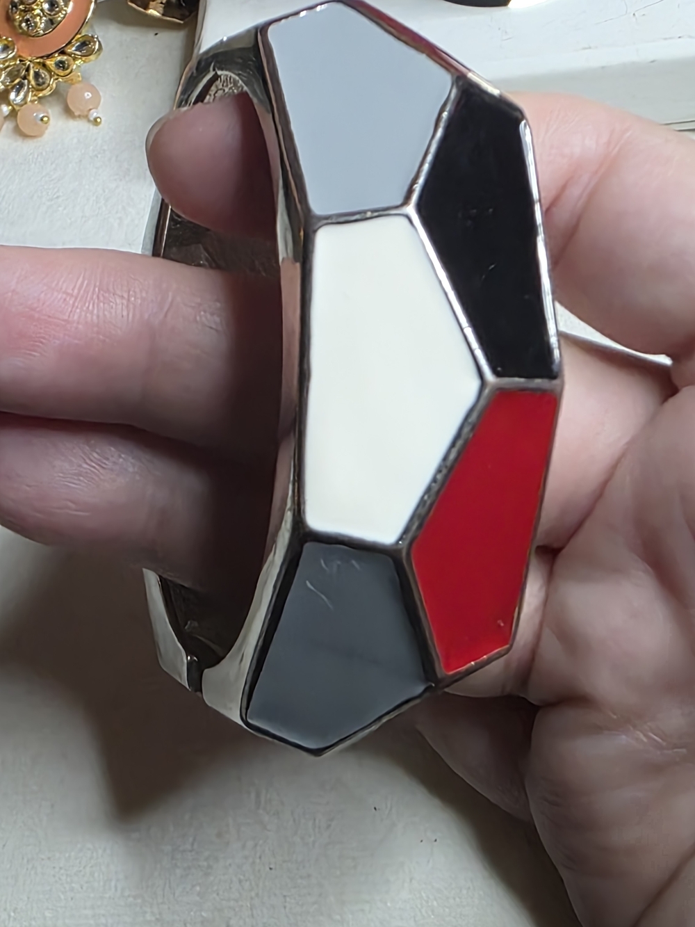 Geometric Enamel Hinged Bangle Bracelet Red Black White Silver Tone - Picture 3 of 9